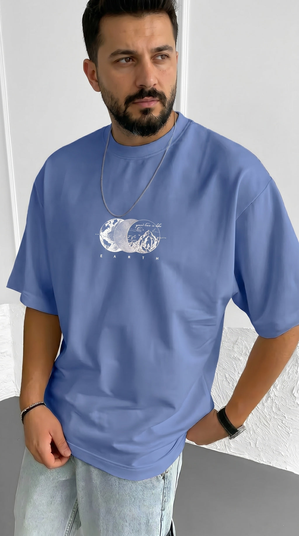 Erkek Mavi Earth Oversize Fit Bol Geniş Kalıp Salaş Kesim T-shirt
