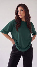 Kadın Petrol Yeşili Basic Düz Baskısız Oversize Salas T-Shirt