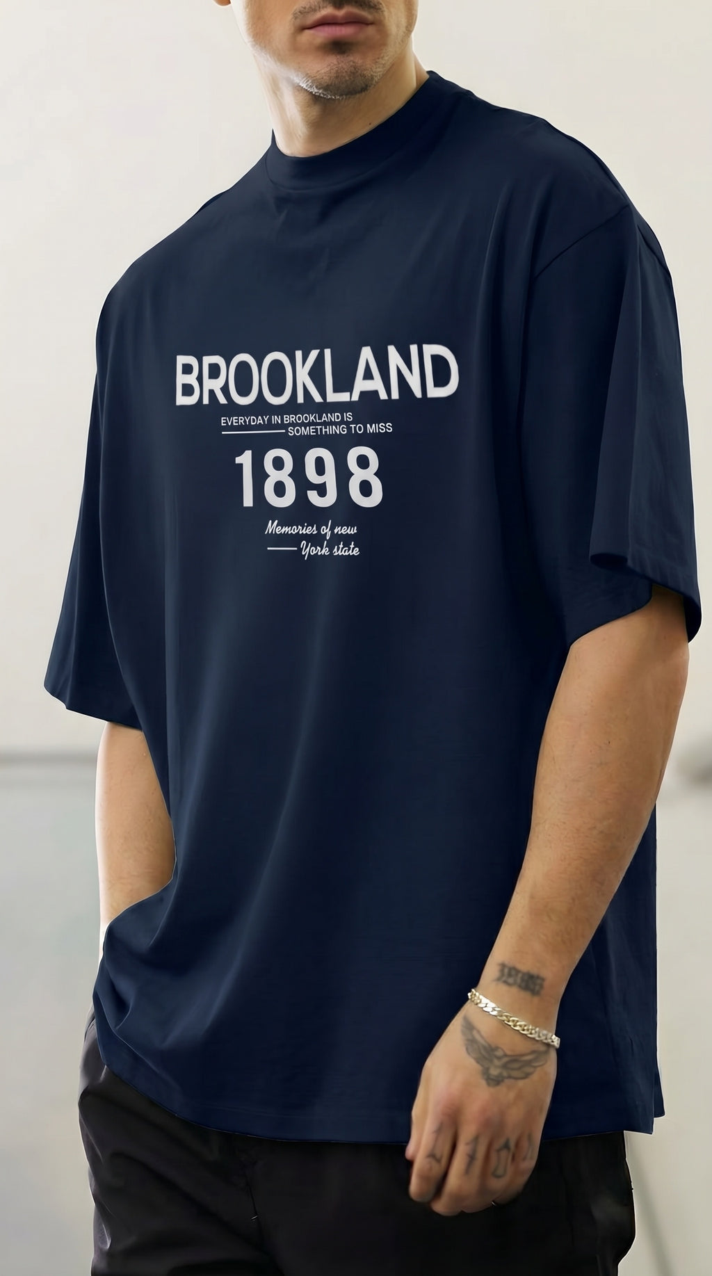 Erkek 1898 Baskılı Lacivert Oversize Salas T-shirt