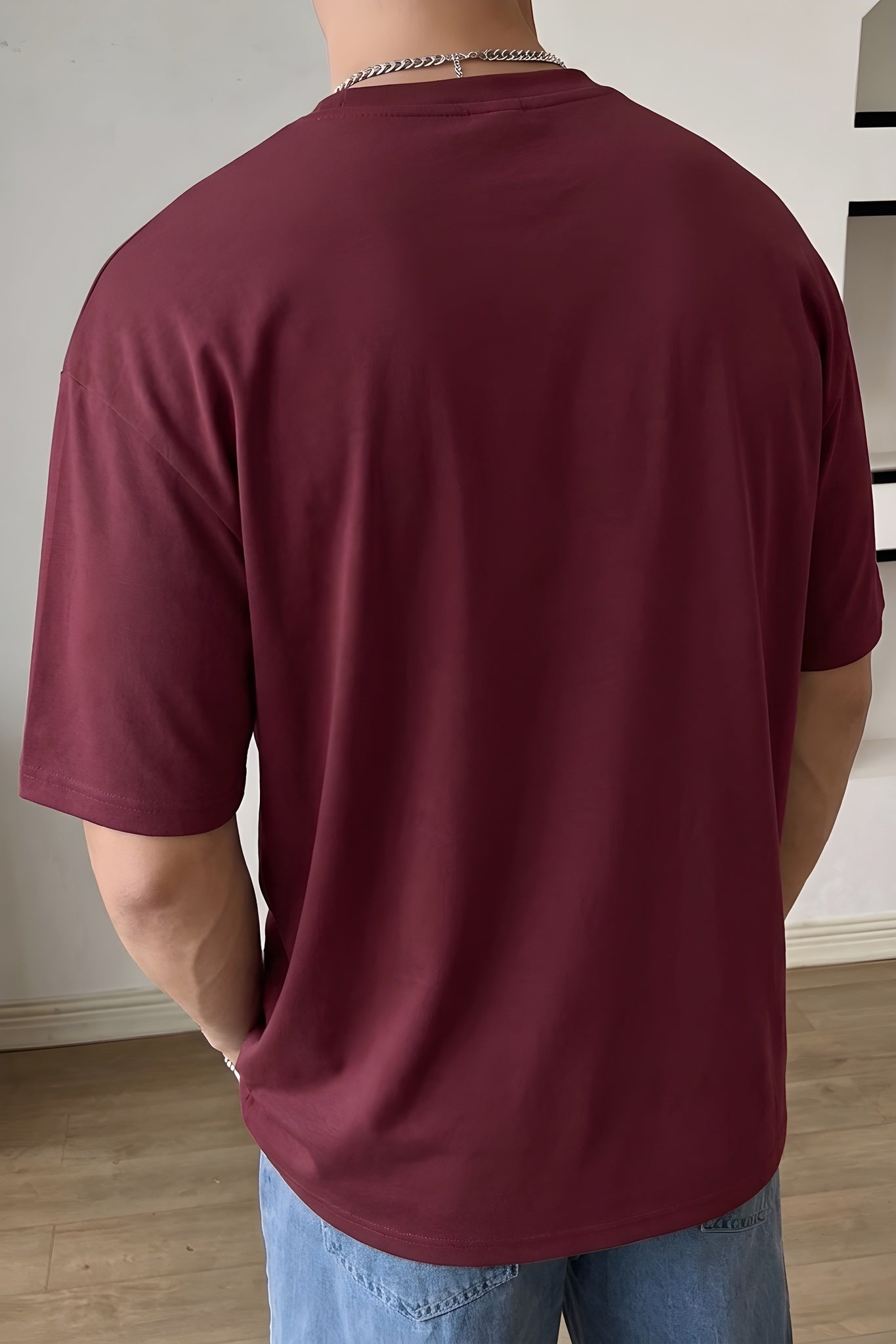 Erkek Bordo Basic Düz Baskısız Oversize Salas T-Shirt