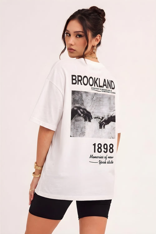 1898 Baskılı Beyaz Oversize Salas Boyfriend Kadın T-Shirt