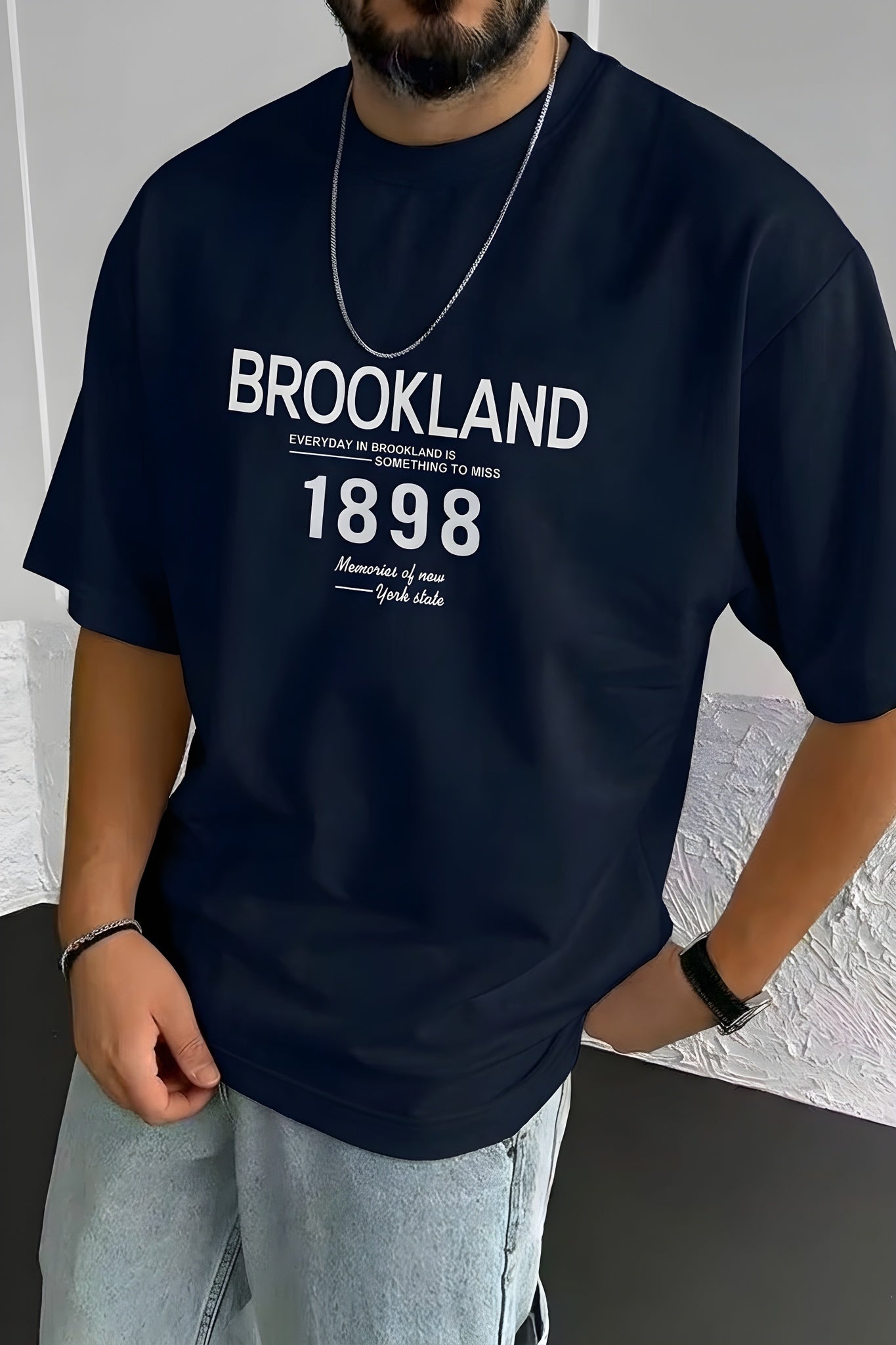 Erkek 1898 Baskılı Lacivert Oversize Salas T-Shirt