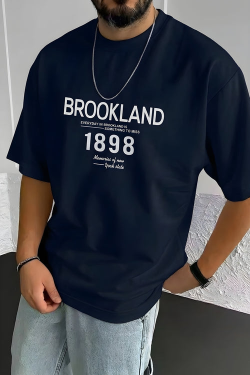 Erkek 1898 Baskılı Lacivert Oversize Salas T-Shirt