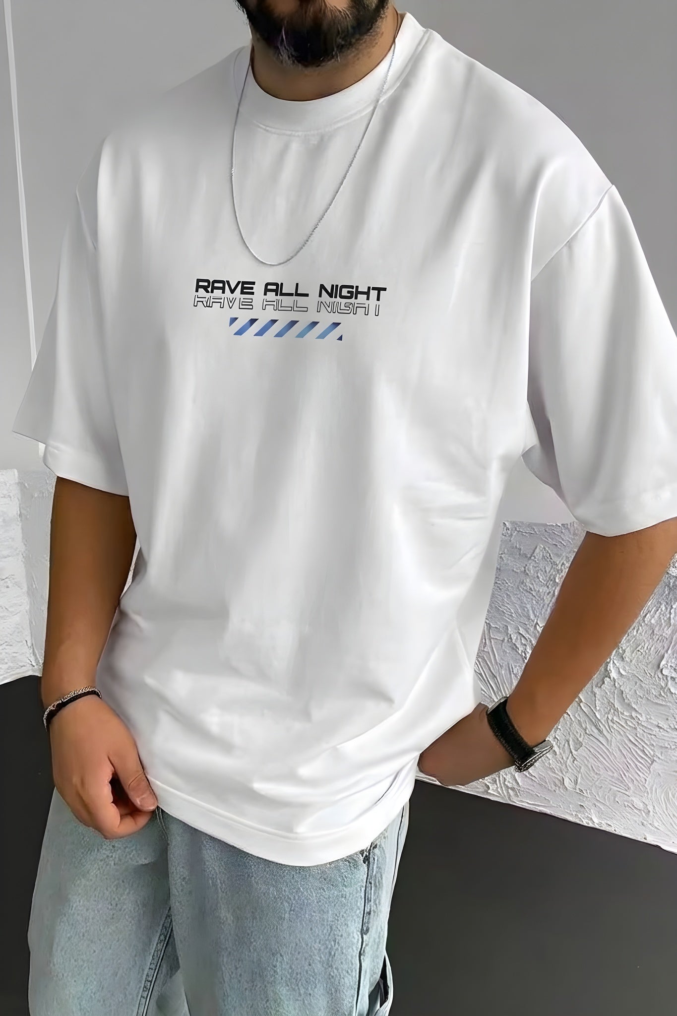 Erkek Ekru Beyaz Rave All Night Oversize Fit Bol Geniş Kalıp Salaş Kesim T-shirt