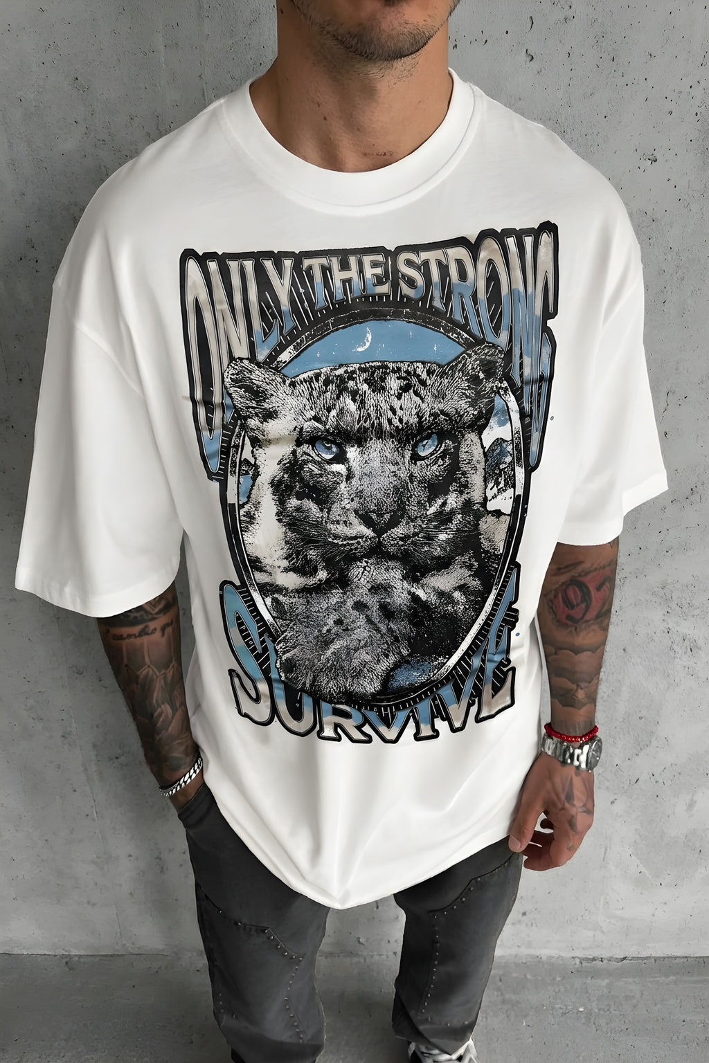 Erkek Ekru Beyaz Survive Oversize Fit Bol Geniş Kalıp Salaş Kesim T-shirt