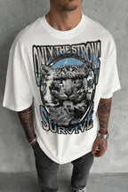 Erkek Ekru Beyaz Survive Oversize Fit Bol Geniş Kalıp Salaş Kesim T-shirt