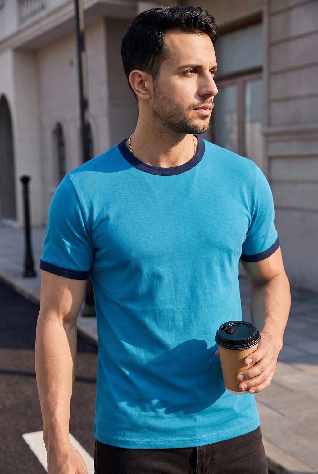 Erkek Mavi Renkli Tişört Bisiklet Yaka Kol Garnili Regular T-shirt