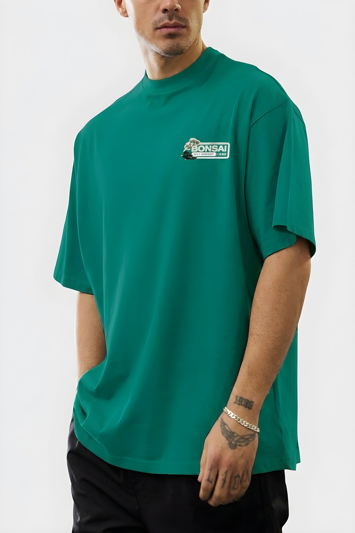 Erkek Bntn Yeşil Bonsai Oversize Fit Bol Geniş Kalıp Salaş Kesim T-shirt