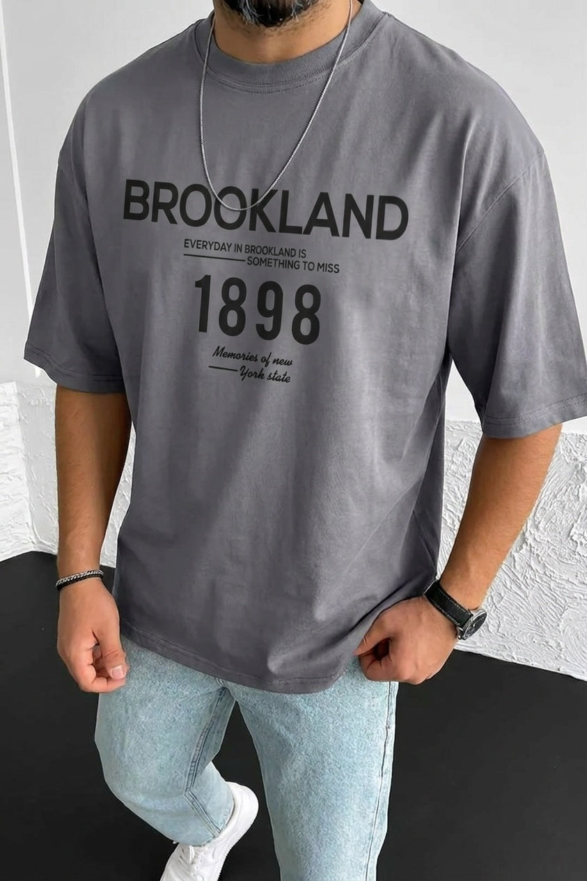 Erkek 1898 Baskılı Gri Oversize Salas Boyfriend T-Shirt