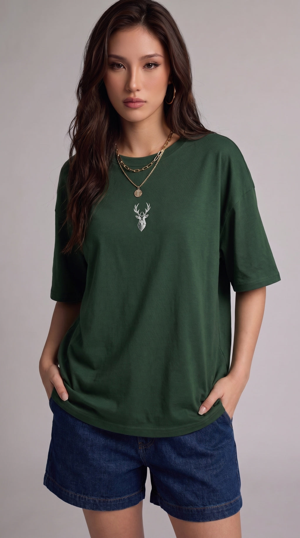 Kadın Nefti Yeşil Geyik Oversize Salas Boyfriend T-shirt