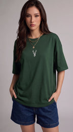 Kadın Nefti Yeşil Geyik Oversize Salas Boyfriend T-shirt