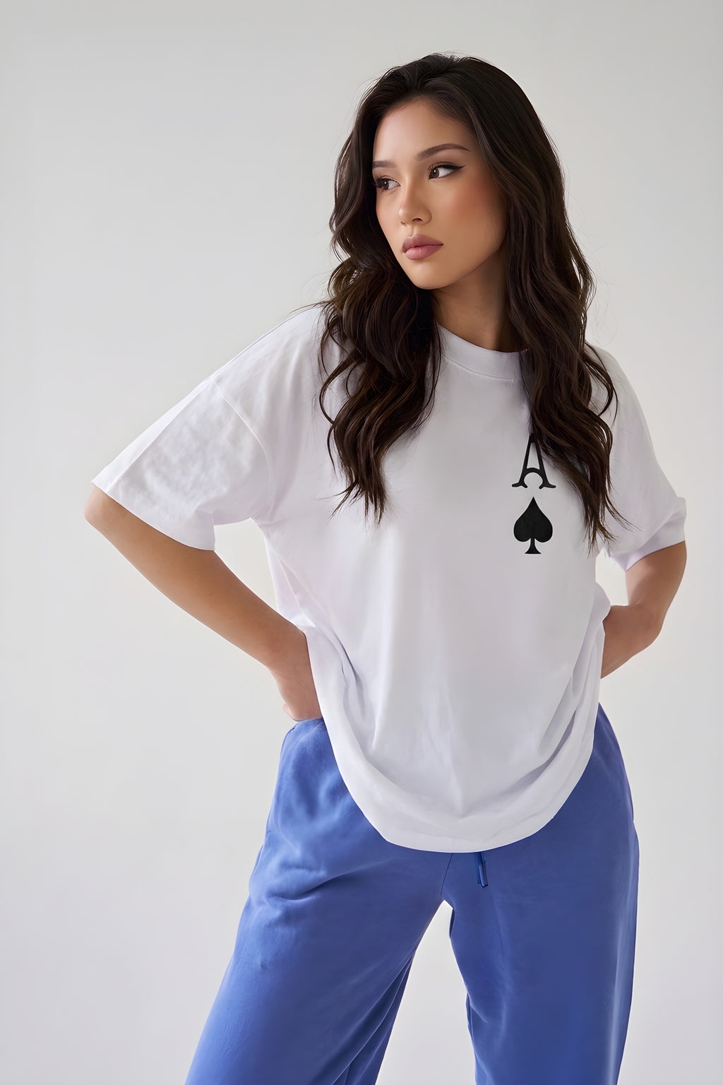 Kadın Maça As Baskılı Beyaz Oversize T-Shirt