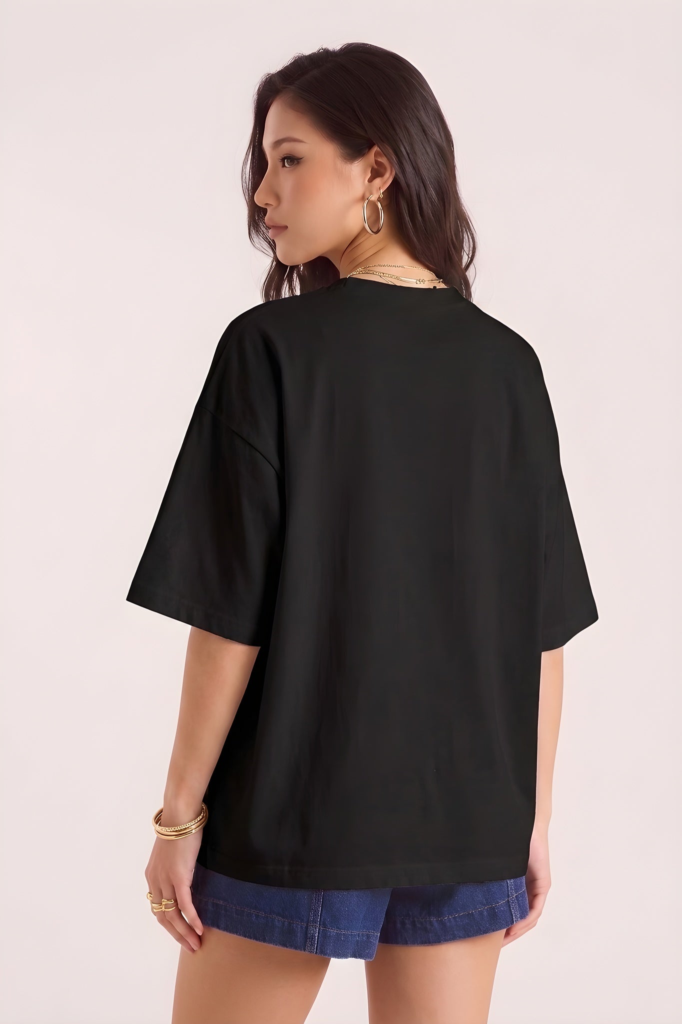 Kadın Siyah Nazar Baskılı Oversize Fit Bol Geniş Kalıp Salaş Kesim T-shirt