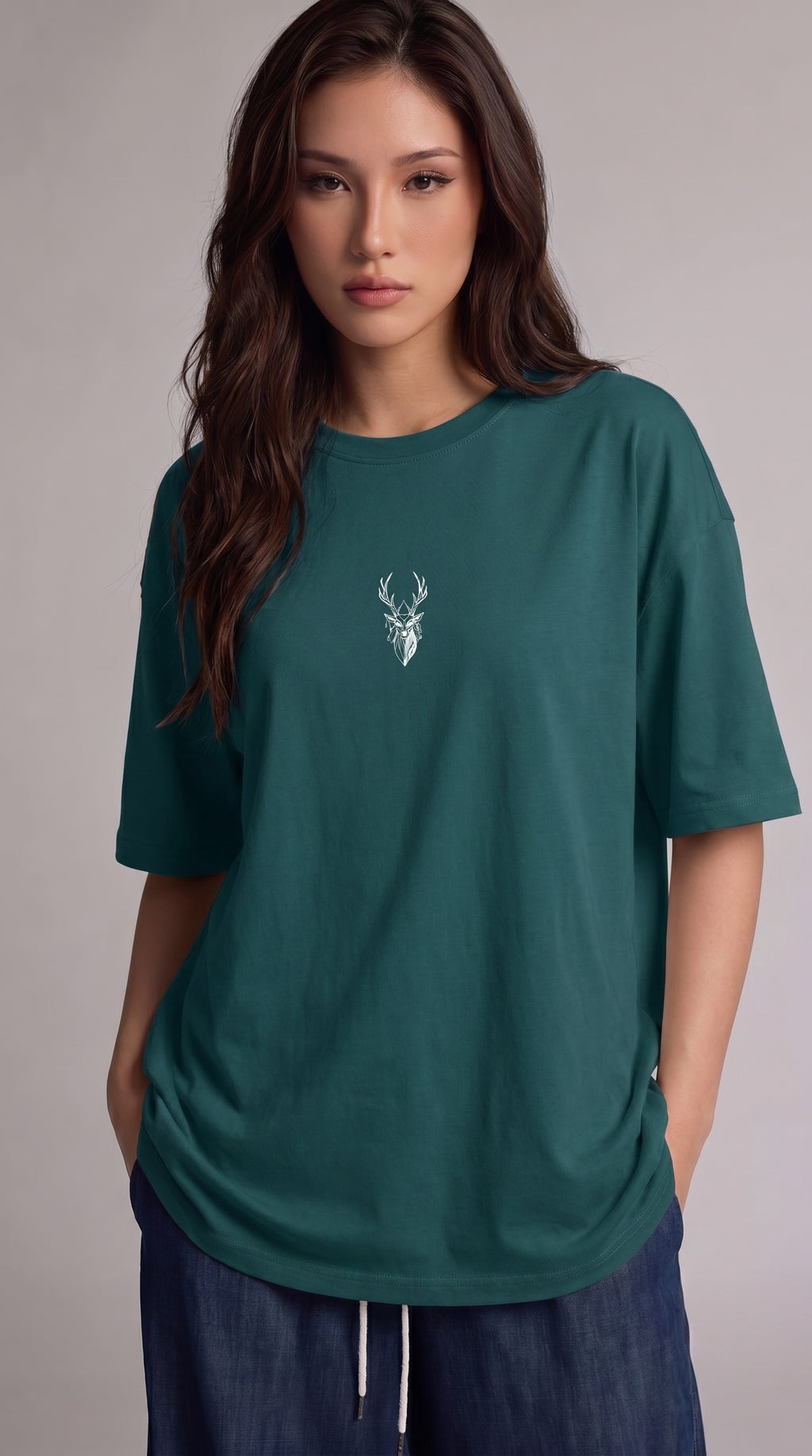 Kadın Petrol Yeşil Geyik Oversize Salas Boyfriend T-shirt
