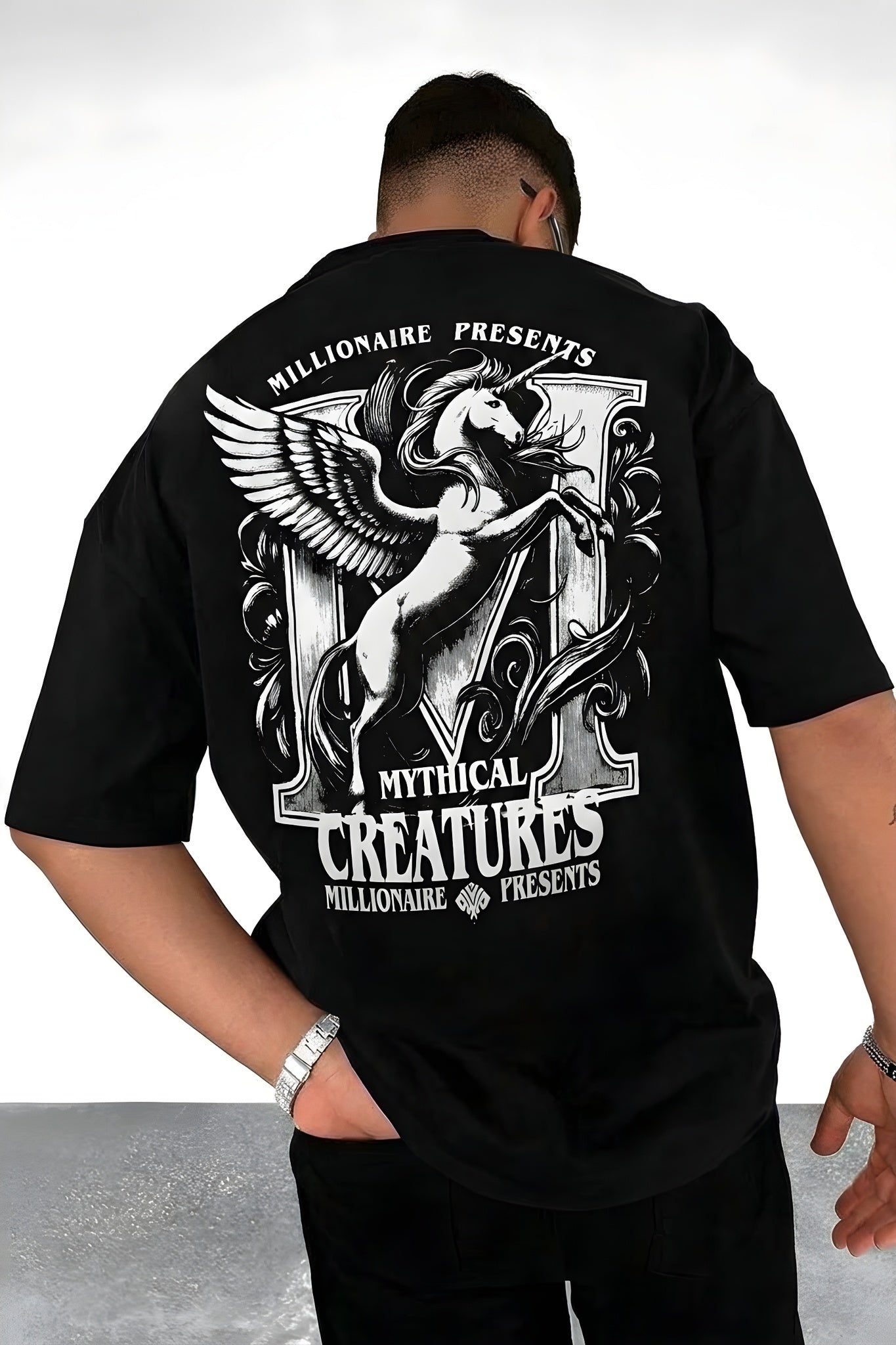 Erkek Siyah Creatures Oversize Fit Bol Geniş Kalıp Salaş Kesim T-shirt