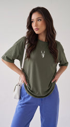 Kadın Haki Yeşil Geyik Oversize Salas Boyfriend T-shirt