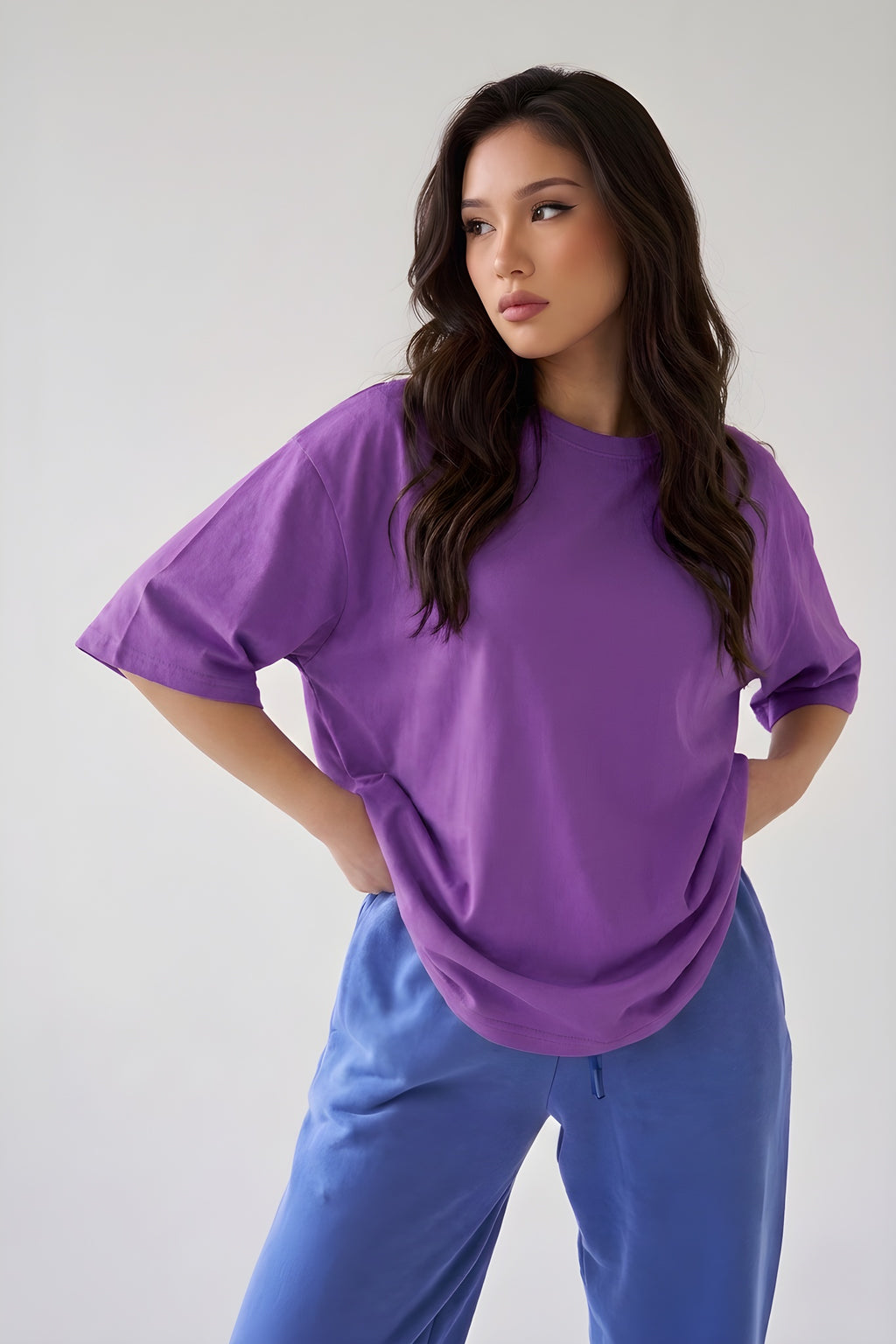 Mor Basic Düz Baskısız Oversize Salas Boyfriend Kadın T-Shirt