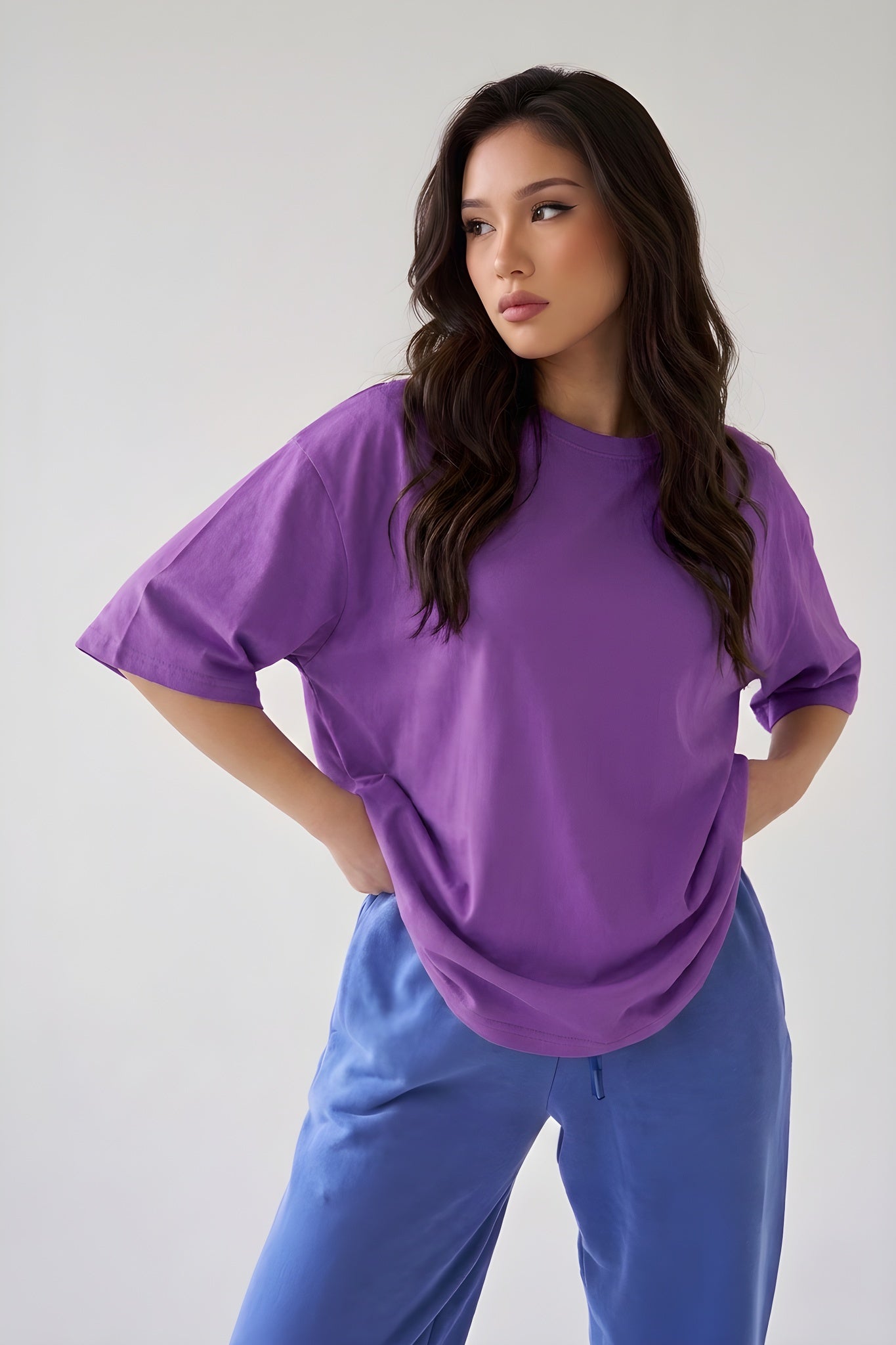 Mor Basic Düz Baskısız Oversize Salas Boyfriend Kadın T-Shirt
