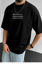 Erkek Mythical Pegasus Baskılı Siyah Bisiklet Yaka Oversize Salaş T-Shirt