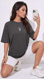 Kadın Füme Geyik Oversize Salas Boyfriend T-shirt
