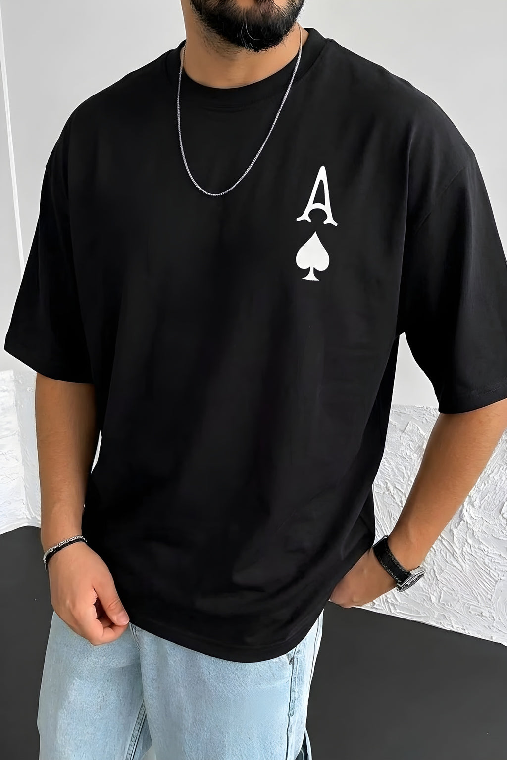 Erkek Maça As Baskılı Siyah Oversize T-Shirt