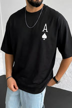 Erkek Maça As Baskılı Siyah Oversize T-Shirt