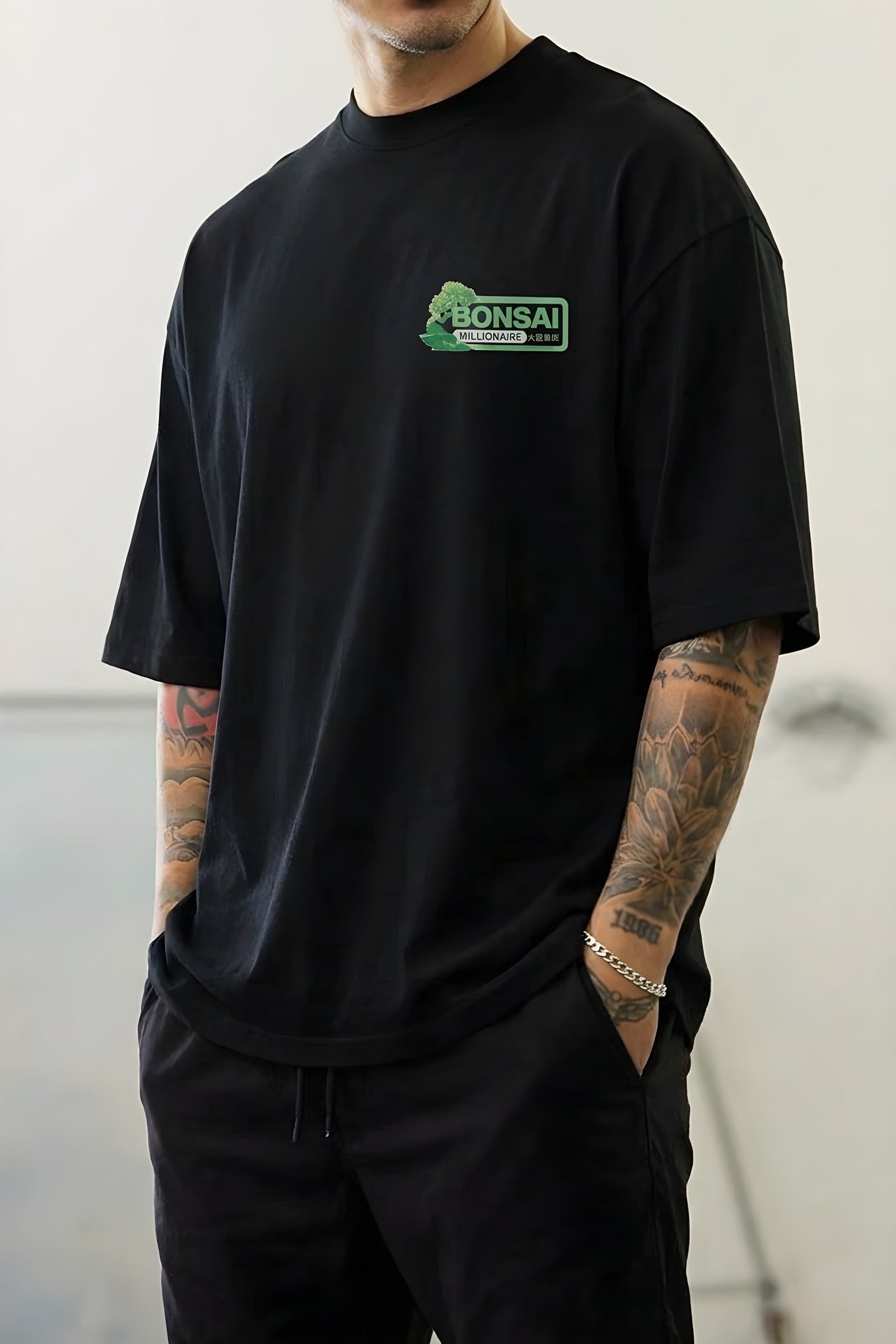 Erkek Siyah Bonsai Oversize Fit Bol Geniş Kalıp Salaş Kesim T-shirt