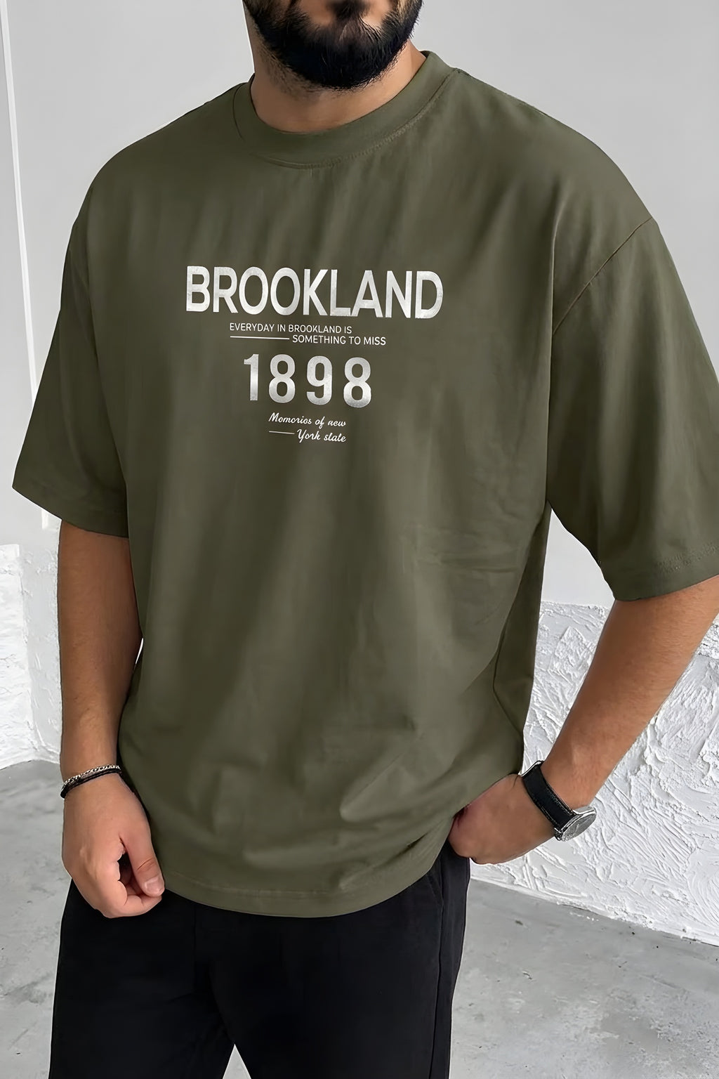 Erkek 1898 Baskılı Haki Oversize Salas T-Shirt