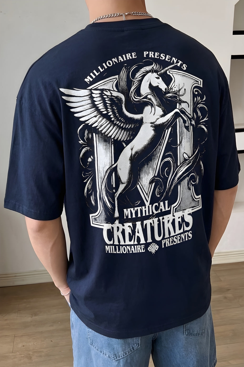 Erkek Lacivert Creatures Oversize Fit Bol Geniş Kalıp Salaş Kesim T-shirt