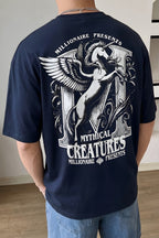 Erkek Lacivert Creatures Oversize Fit Bol Geniş Kalıp Salaş Kesim T-shirt