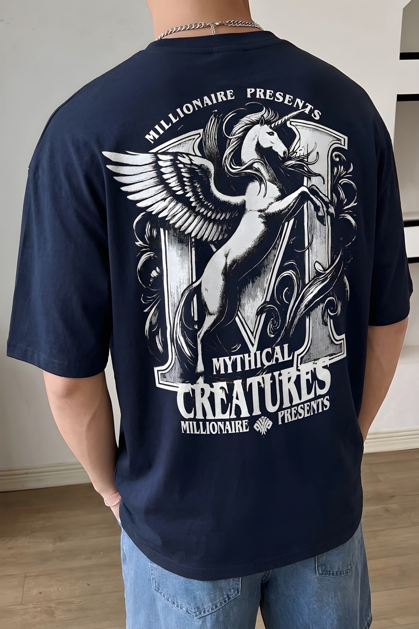 Erkek Lacivert Creatures Oversize Fit Bol Geniş Kalıp Salaş Kesim T-shirt