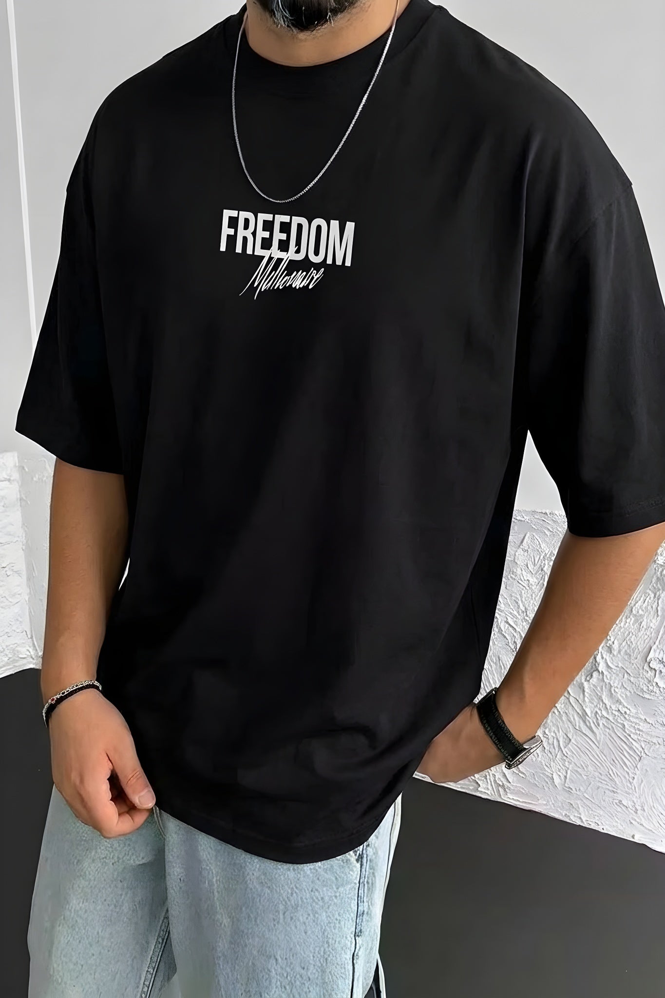 Erkek Freedom Kanat Baskılı Siyah Oversize Salaş T-Shirt