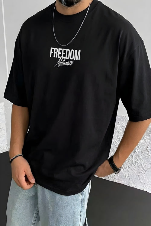 Erkek Freedom Kanat Baskılı Siyah Oversize Salaş T-Shirt