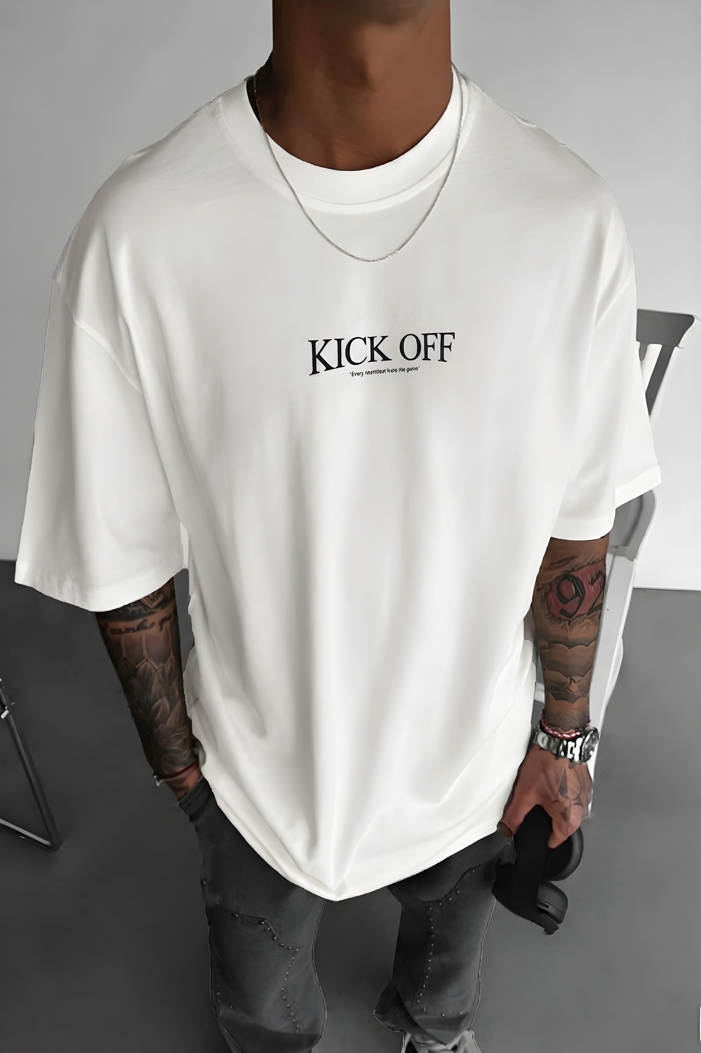 Erkek Ekru Beyaz Kick Off Oversize Fit Bol Geniş Kalıp Salaş Kesim T-shirt