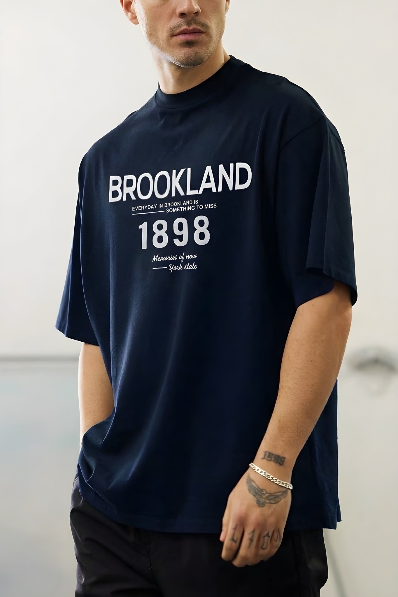 Erkek 1898 Baskılı Lacivert Oversize Salas T-Shirt