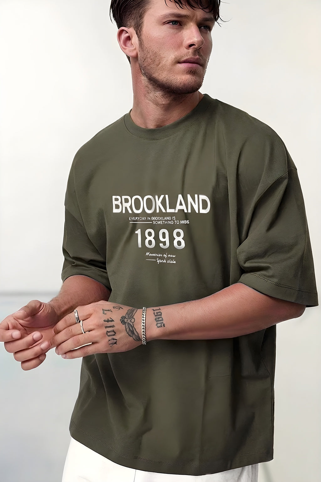 Erkek 1898 Baskılı Haki Oversize Salas T-Shirt
