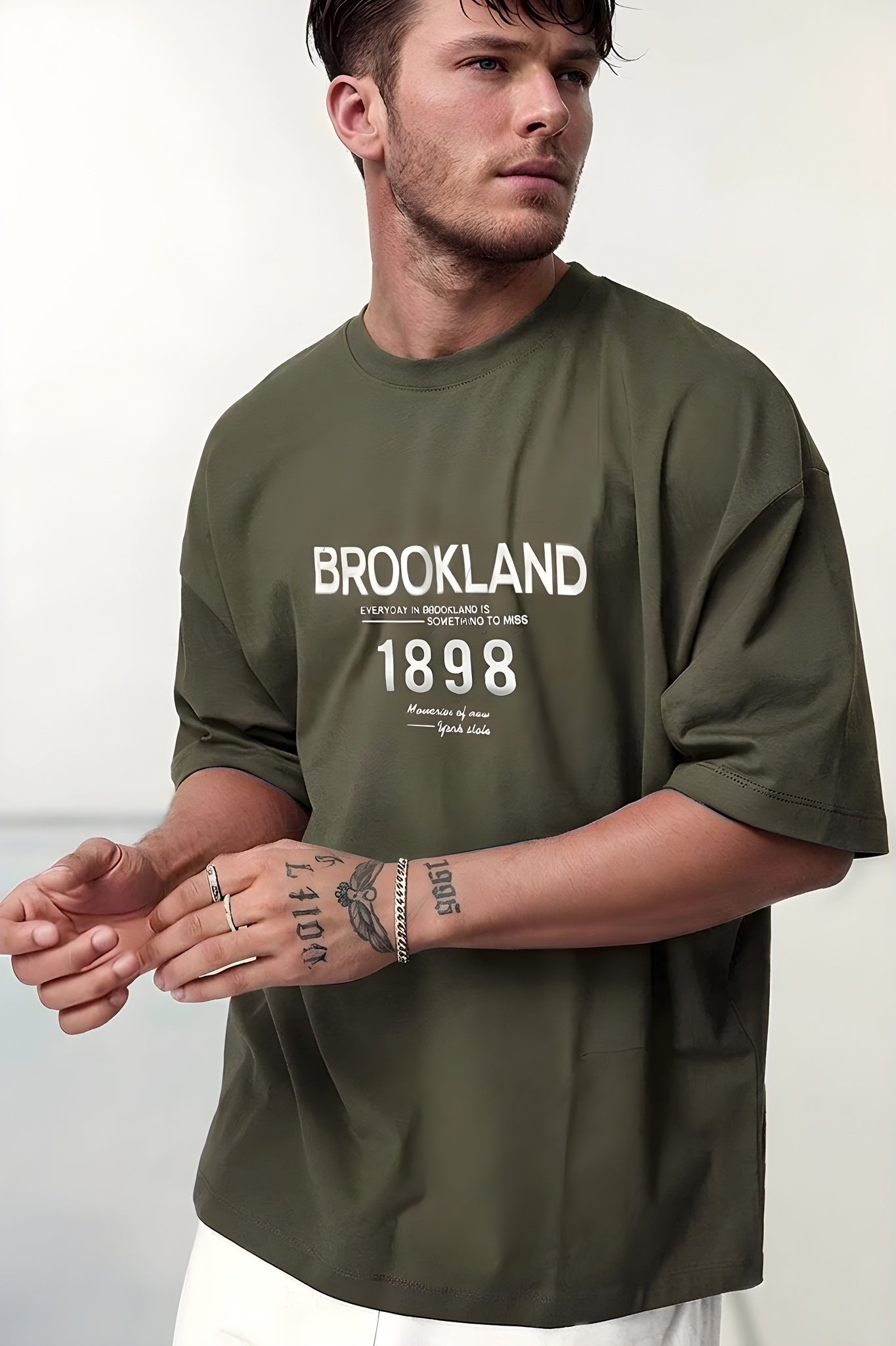 Erkek 1898 Baskılı Haki Oversize Salas T-Shirt