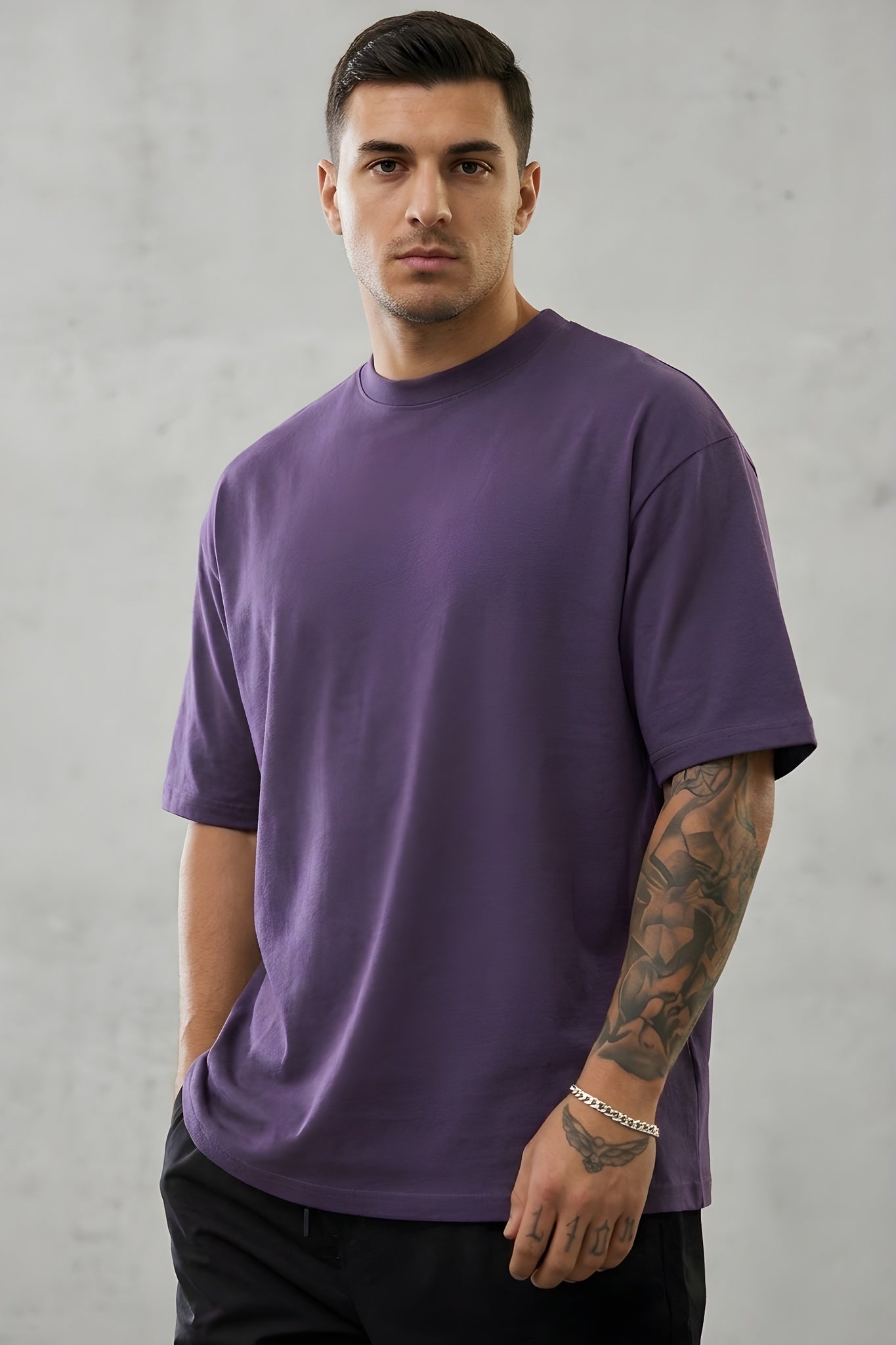 Erkek Mor Basic Düz Baskısız Oversize Salas Boyfriend T-Shirt