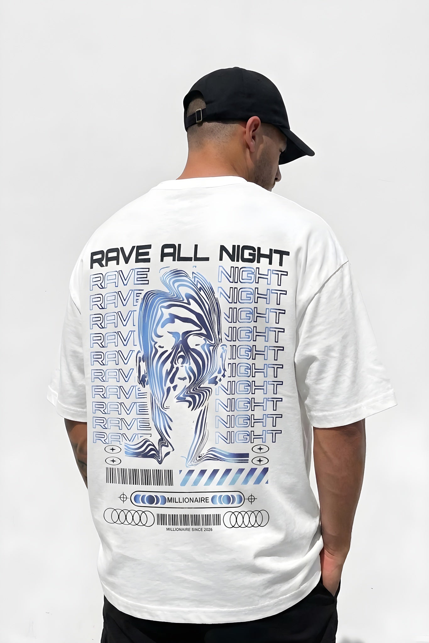 Erkek Ekru Beyaz Rave All Night Oversize Fit Bol Geniş Kalıp Salaş Kesim T-shirt
