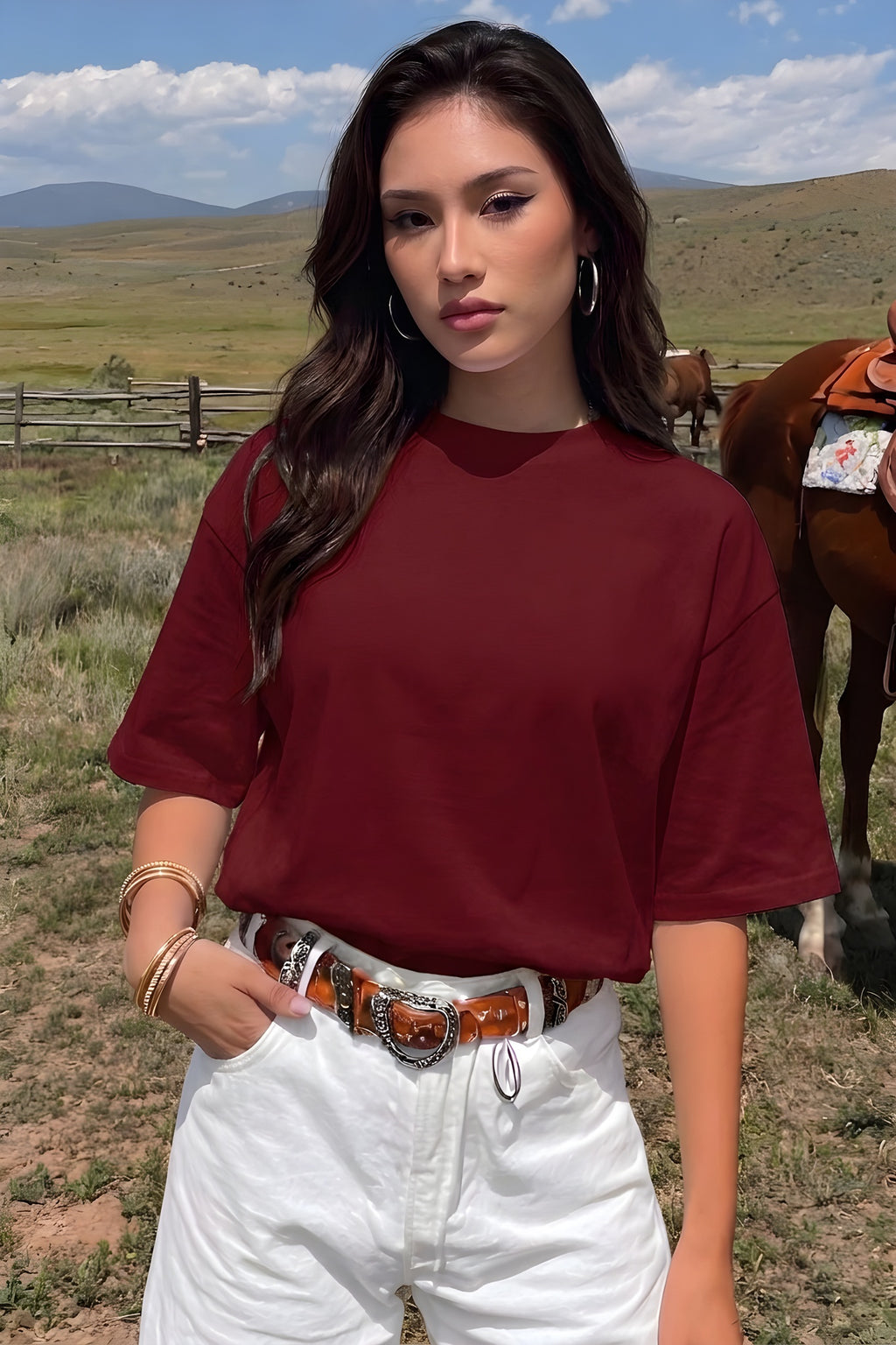 Kadın Bordo Basic Düz Baskısız Oversize Salas T-Shirt