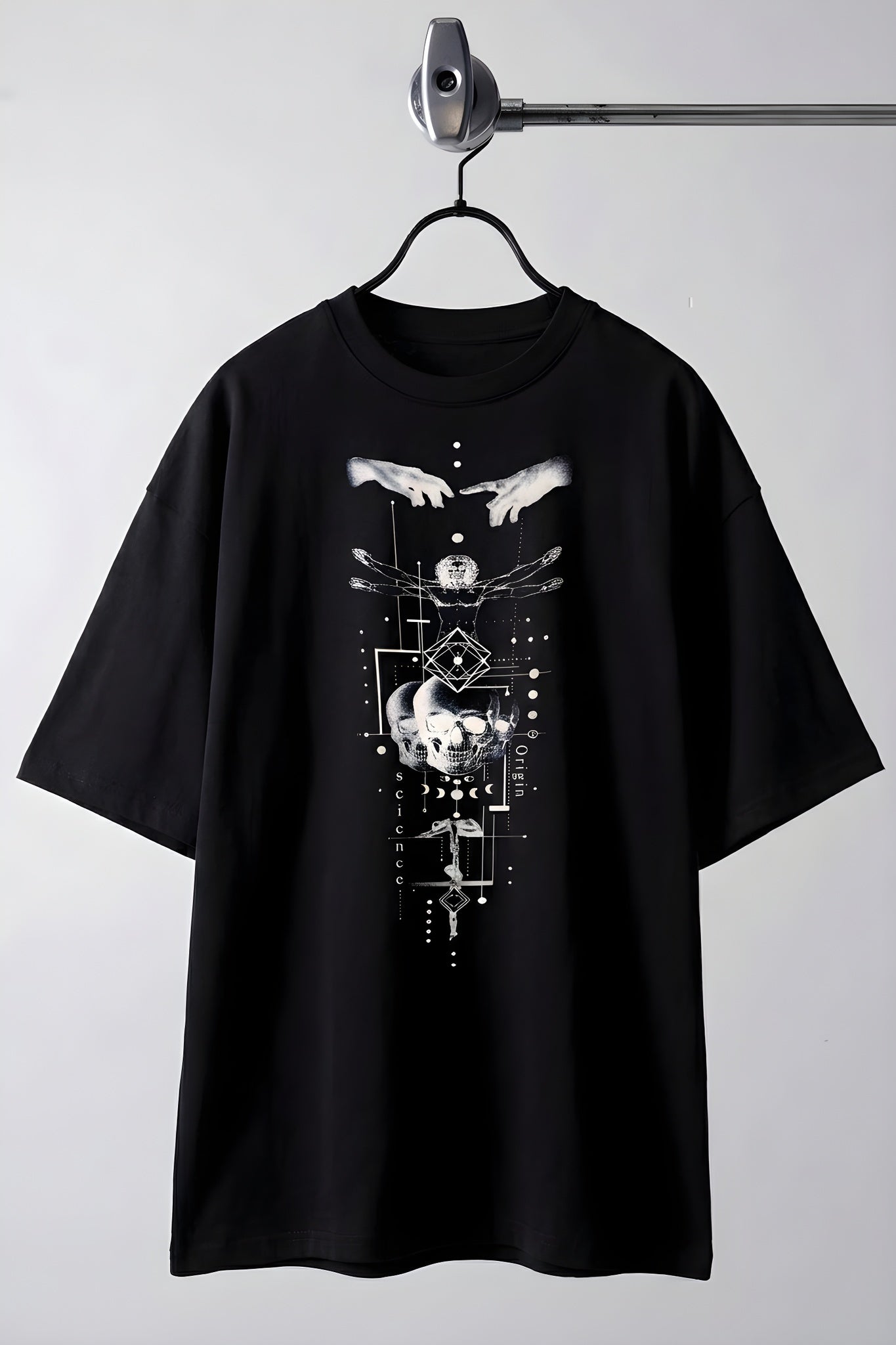 Erkek Siyah Da Vinci Sicience Oversize Fit Bol Geniş Kalıp Salaş Kesim T-shirt