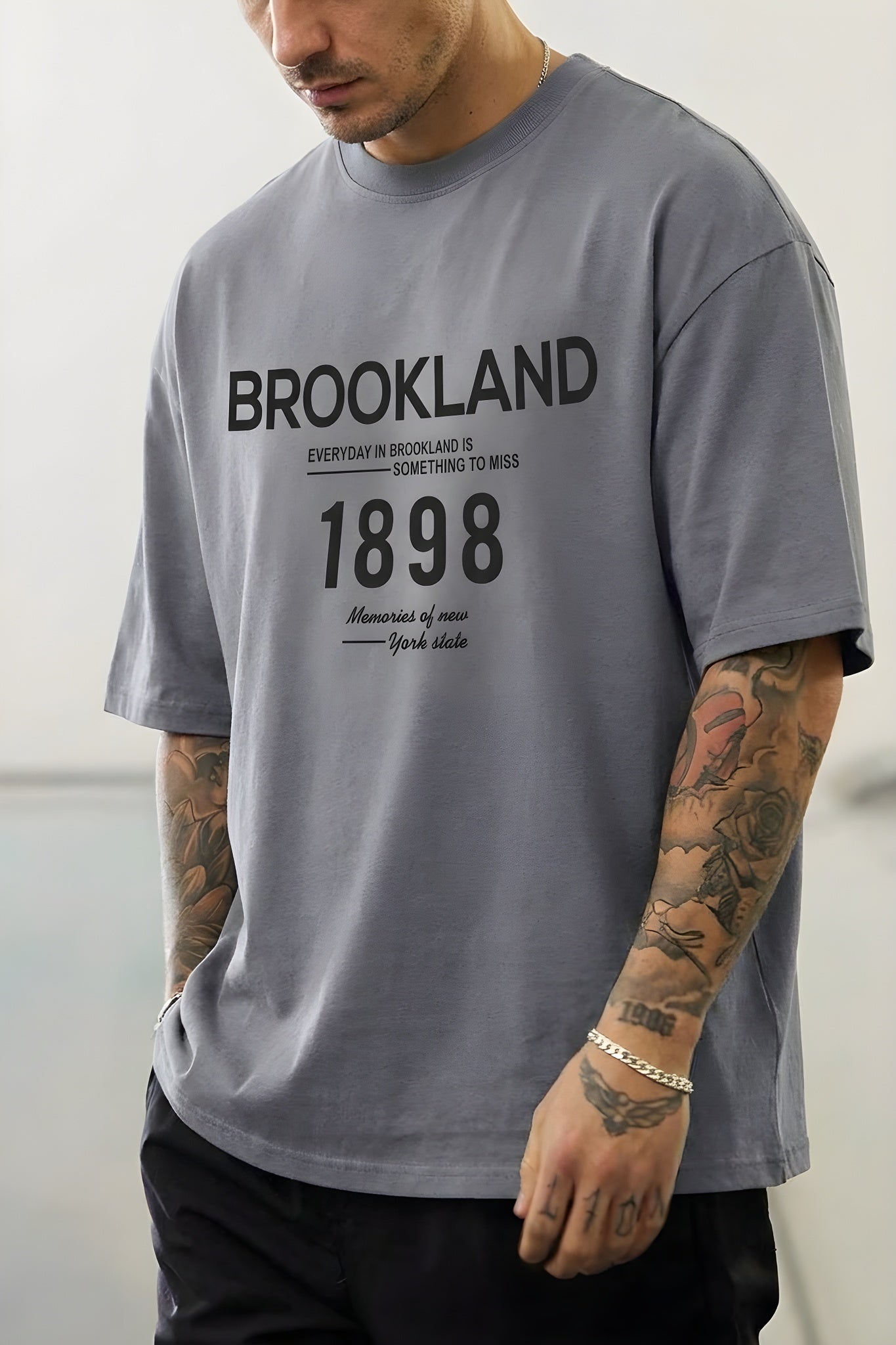 Erkek Gri 1898 Brookland Baskılı Oversize Salas T-Shirt