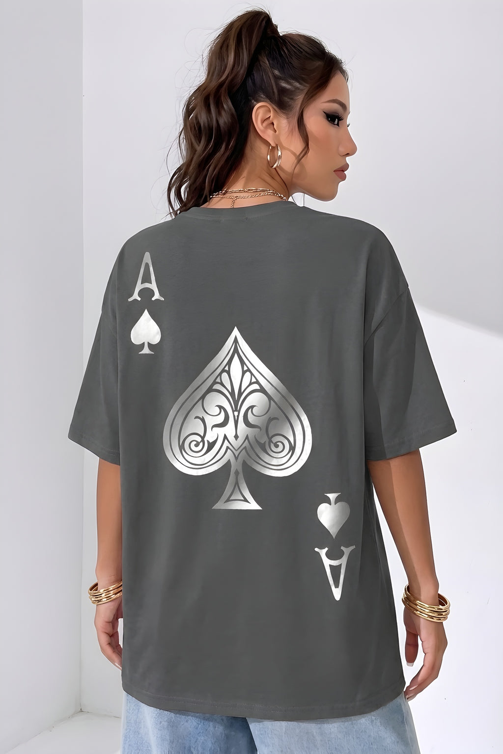 Kadın Maça As Baskılı Füme Oversize T-Shirt