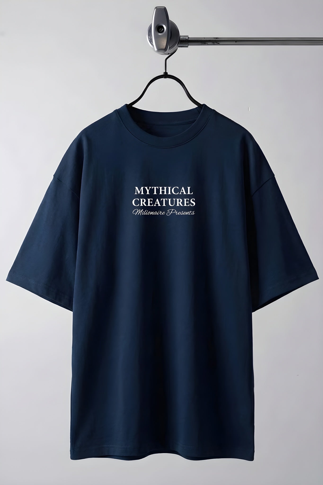 Erkek Mythical Pegasus Baskılı Lacivert Bisiklet Yaka Oversize Salaş T-Shirt