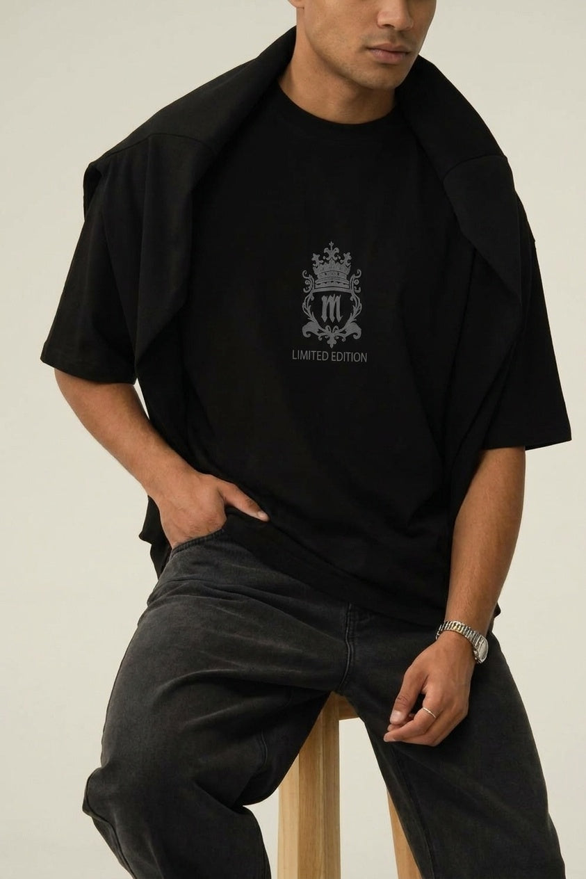 Erkek Siyah Royal Essence Oversize Fit Bol Geniş Kalıp Salaş Kesim T-shirt
