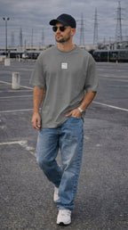 Erkek Gri Free Life Bisiklet Yaka Oversize Salas T-Shirt