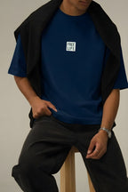 Erkek Lacivert Free Life Bisiklet Yaka Oversize Salas T-Shirt