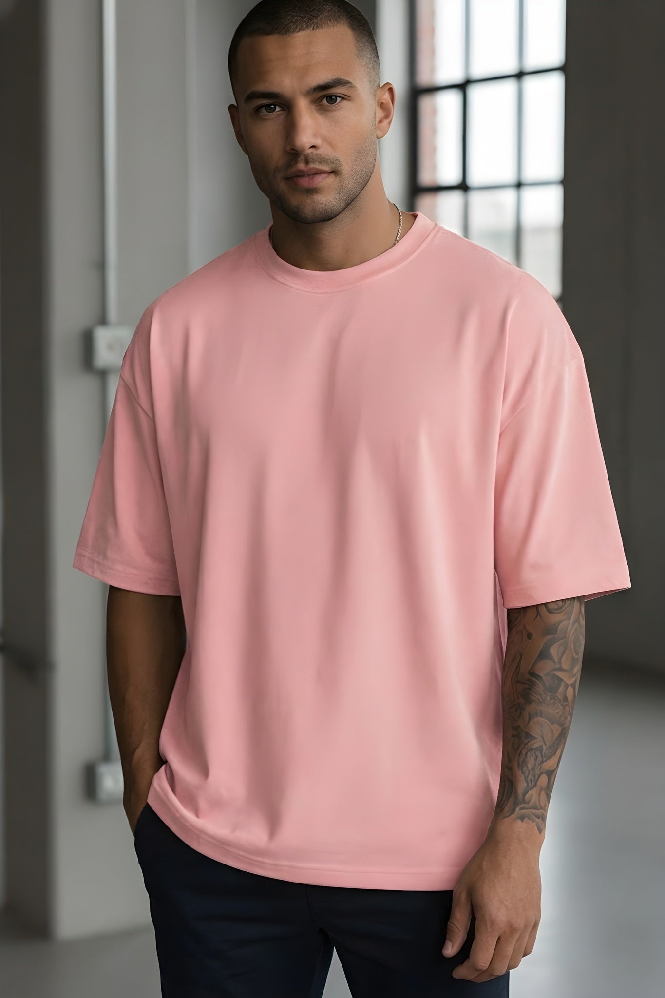 Erkek Somon Basic Düz Baskısız Oversize Salas T-Shirt