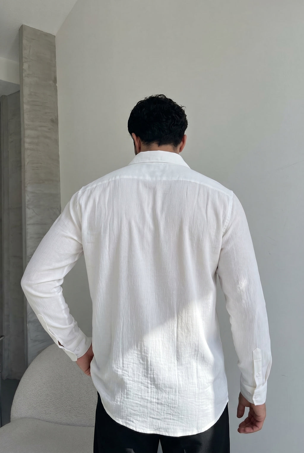 Denver Beyaz Renkli Ağaç Kabuğu Desenli Yarım Oversize Rahat Kalıp Gömlek