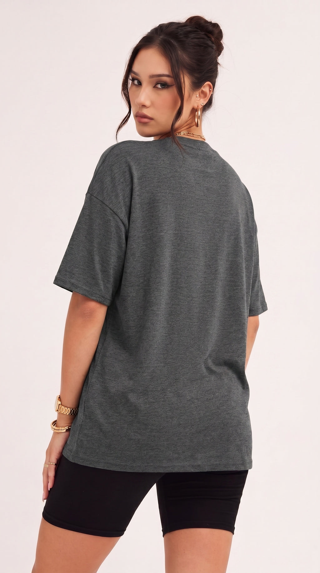 Kadın Antrasit Melanj Basic Düz Baskısız Oversize Salas T-shirt